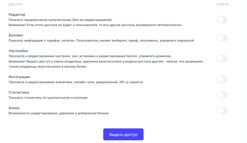 Настройки мультиссылки - Выдать доступ